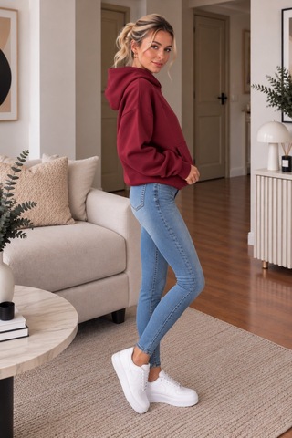 Lima Bordo Kadın Kapüşonlu Oversize Sweatshirt Kanguru Cepli Düz Renk Uzun Kollu Sweat