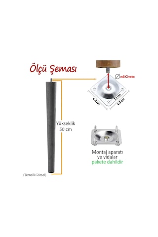 3 Adet Ahşap Ayak 50 Cm Koyu Meşe M8 Civatalı Bağlantı Aparatlı Mobilya Tabure Sehpa Masa Destek Ayağı Koyu Meşe