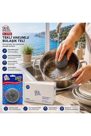 36 Adet Vakumlu Bulaşık Teli Tekli Paslanmaz 15gr 5332