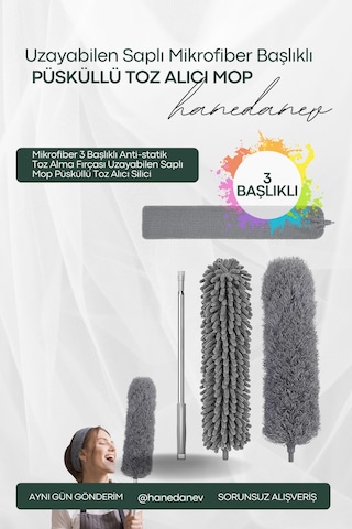 Mikrofiber 3 Başlıklı Anti-statik Toz Alma Fırçası Uzayabilen Saplı Mop Püsküllü Toz Alıcı Silici