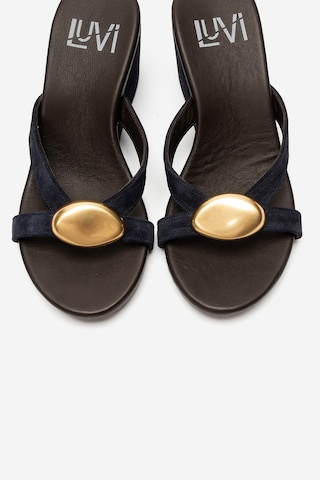 Luvi Shoes Caterına Lacivert Süet Hakiki Deri Tokalı Kadın Dolgu Topuklu Terlik