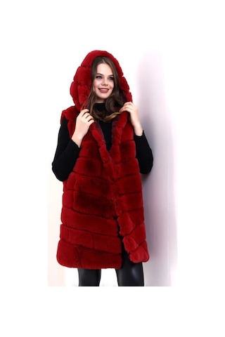 Kapşonlu Peluş Kürk Yelek Premium Kalite, Tam Astarlı, Uzun Model - Kırmızı Kırmızı