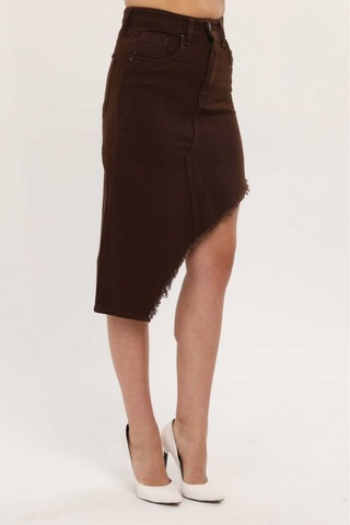 Shevega Kadın Kahverengi Etek Püskül Asimetrik Kesim Keten Etek Kahverengi