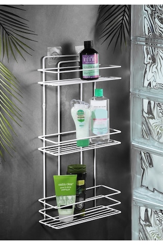 3 Katlı Beyaz Yapışkanlı Banyo Rafı, Şampuanlık Duş Düzenleyici, Paslanmaz Metal Banyo Duvar Askısı - TŞ-03
