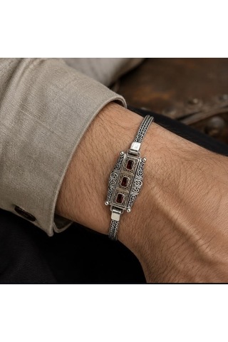 Simurg Jewellery 925 Ayar Gümüş Kırmızı Taşlı Erkek Bileklik