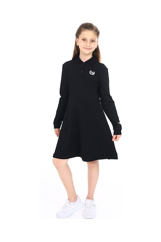 Toontoy Kız Çocuk Polo Yaka Çıtçıtlı Göğsü Baskılı Elbise Siyah