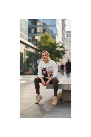 The Kadın Soft Touch Ayıcık Desenli %100 Pamuk Sweatshirt - Casual Fit- Krem/pembe Krem