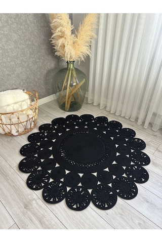 Natura El Dokuma Jüt Bohem Tarz Otantik Salon Oturma Odası Koridor Natural Halı Pamuklu Halı Siyah