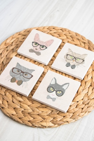 Baskılı Doğal Taş Bardak Altlığı 4'lü Set 10x10x1 Cm - Kedi Baskılı Bardakaltı Çok Renkli