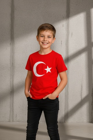 Parti Selesi Unisex 3 Adet Çocuk Bayrak Baskılı Kısa Kollu T-shirt Kırmızı