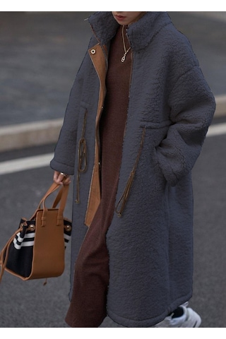 Peluş Beli Bağcıklı Kışlık Kadın Fermuarlı Astarlı Tüylü Ceket 001