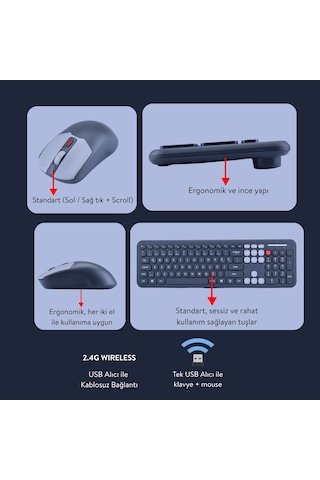 Soft Touch Kablosuz Klavye Mouse Set Gri + Beyaz Renk Smk-687 Diğer