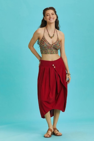Rahat Kesim Geniş Pileli Kırmızı Anvelop Midi Etek Kırmızı