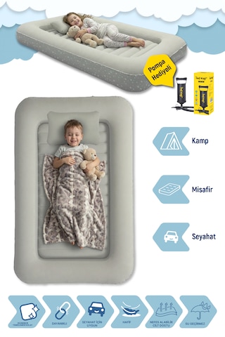 Livenzi Nature Çocuk Şişme Yatak & Yastık + Manuel Şişirme Pompası 160 105 24 Cm Bej