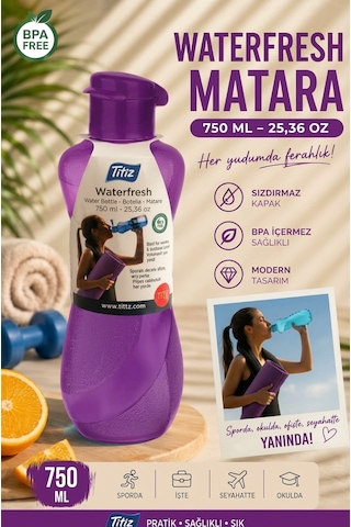 Renkli Suluk Matara 750 Ml Kokusuz Suluk, Okul Suluğu, Spor Suluğu, Plastik Suluk Mor