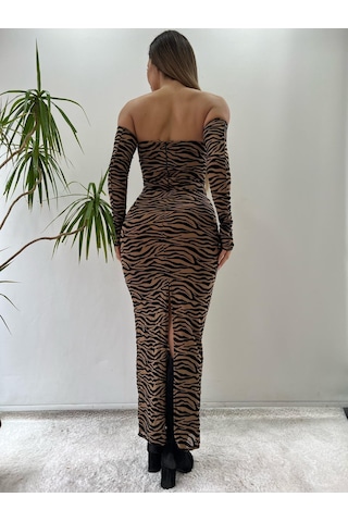 Pink Life Beyaz Tül Üzeri Flog Baskılı Zebra Desenli Elbise-Beyaz Zebra