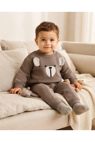 Minaminokids Alt Üst Takım Erkek Bebek Kahverengi Baskılı Kulaklı Kışlık