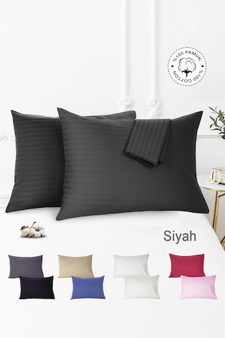 Çizgili Saten 2'li Yastık Kılıfı Siyah
