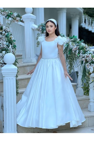 Prenses Çiçek Detaylı Tarlatanlı Beyaz Abiye Elbise Beyaz