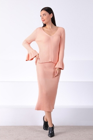 Ferraro Apricot Yırtmaçlı Kadın Triko Etek Pudra