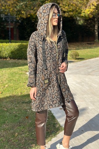 Woman And Kids Kapşonlu Leopar Desenli Uzun Kaşe Ceket Kahverengi