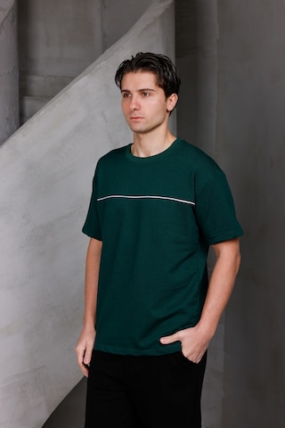 Erkek Garnili Şeritli Oversize Bisiklet Yaka 2 İki İplik Kompakt T-shirt Nefti