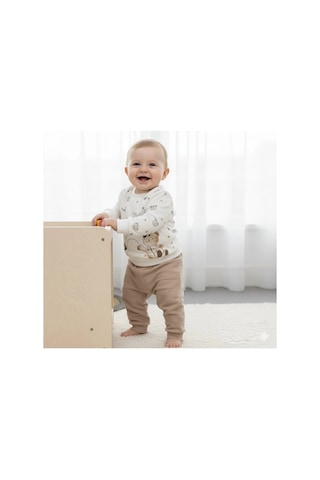 Erkek Bebek Ayıcık Baskılı Alt Üst İkili Gündelik Takım Bej