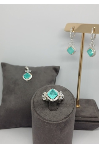 925 Ayar Gümüş Turmalin Taşlı Takı Seti - Yüzük, Küpe Ve Kolye Ucu Şık Ve Zarif Kadın Takı Gümüş