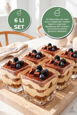 6 Lı Cam Magnolia Kasesi Kare Tatlı Sunum Kasesi Tiramisu Çerezlik Reçellik 400 Cc Şeffaf