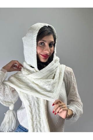 Gönülden Tasarım Triko Örgü Düğmeli Kadın Kapişonlu Şal Boyunluk 200x40 Cm Renkli