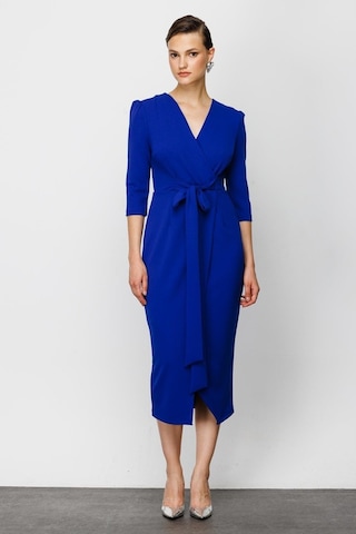 Nefeli V Yaka Midi Sarımlı Elbise - Minimalist Şık Günlük Saks