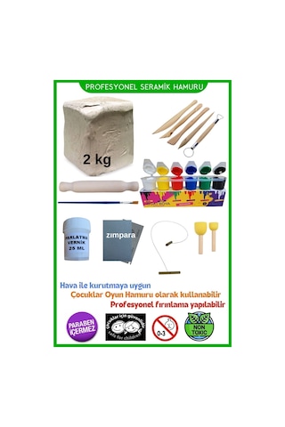 Seramik Hamuru Başlangıç Seti - Guaj Boya, Ebeşuar, Merdane,fırça, 2000gr Beyaz Doğal Kil