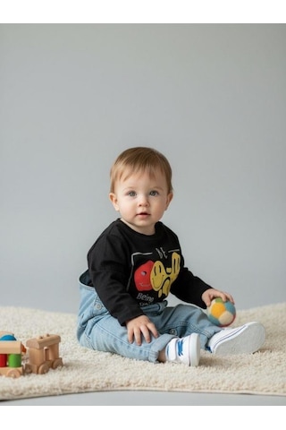 Zekids Erkek Bebek Pamuklu Emoji Baskılı İnce Uzun Kollu T-shirt-12532 Siyah
