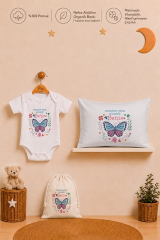 Pia Baby Kız Bebek İsme Özel Hediye Seti %100 Pamuk Body Yastık Kılıfı Ve Ham Bez Bebek Kıyafet Kesesi 2041byk3x Ekru