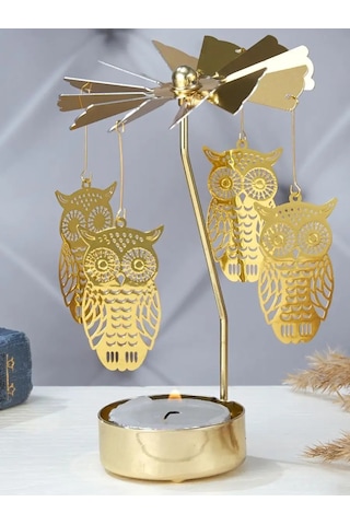 Altın Renkli Isı İle Dönen Baykuş Tasarımlı Dekoratif Metal Mumluk Gold
