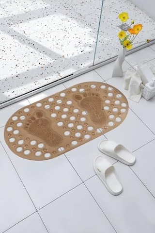 Premium Serisi Banyo - Küvet İçi Kaydırmaz Vantuzlu Ayak Desenli Paspas 66,5 X 36,5 Cm, Kahve Çok Renkli