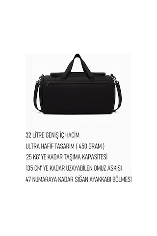 Siyah Unisex Önü Cepli Ayakkabı Bölmeli Geniş Bavul Seyahat Gym Fitness El Ve Spor Çantası Siyah