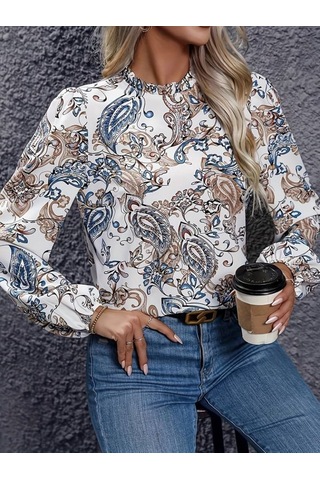 Kadın Uzun Kollu Yarı Balıkçı Yaka Desenli Süprem Bluz Desenli