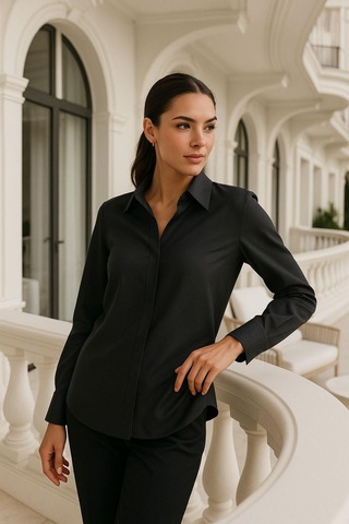 Rich Kadın Siyah Viskon Gizli Düğme Detaylı Slim Fit Trend Gömlek Çok Renkli
