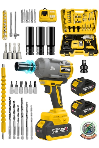 Steiner 21v 1100 Nm Kömürsüz Torklu Çift Akülü 10 Pilli 1/2 Sarı Şarjlı Somun Sıkma Sökme Makinesi + 38 Parça