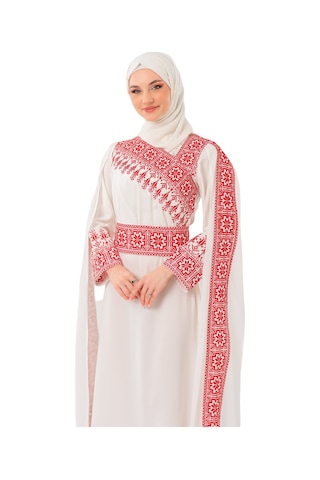 Zaytoon Eğimli Omuz Uzun Ve Açık Kollu Filistin Nakışlı Elbise M-3xl C100050 Beyaz
