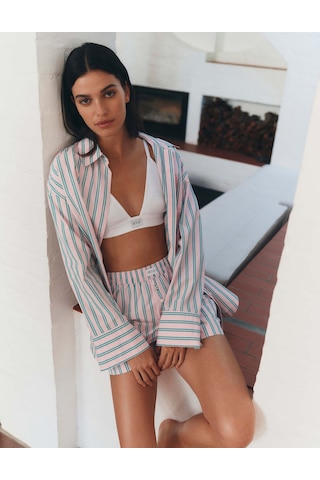Marks & Spencer Poplin Çizgili Pijama Üstü Pembe