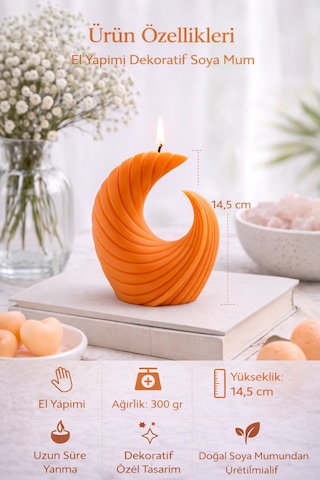 Dekoratif Lüks Soya Mum, El Yapımı Doğal Mum, Uzun Yanma Süreli Ev Hediyesi, Ev Süsü Turuncu 300 G Turuncu