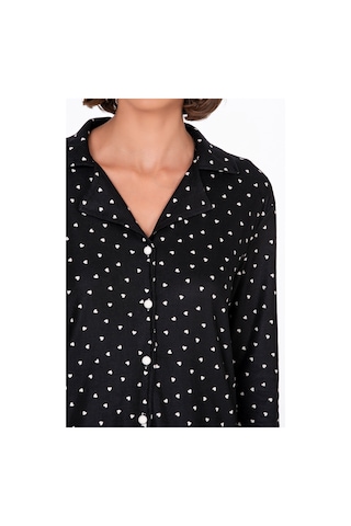 Kadın Süet Önden Düğmeli Pijama Takımı Kalpli Siyah Beyaz - Siyah