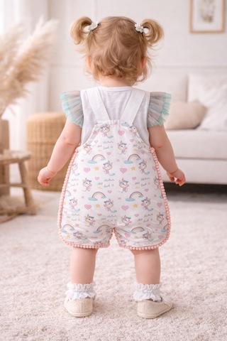 Uğur Bebe Poplin Yazlık Kız Bebek Tulum + Tül Kollu Çıtçıtlı Bady Rahat Şık Premium Kalite 2li Set Ekru Ekru