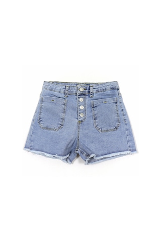Cepli Düğme Detaylı Mavi Renk Kız Çocuk Eskitme Paça Kot Denim Jean Şort 001-0002052 Mavi