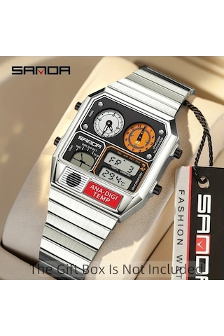 Fastbuy Gümüş Siyah A Erkek Digital Kol Saati - Kare Paslanmaz Çelik Bant Dual Ekran Altın Renk Altın