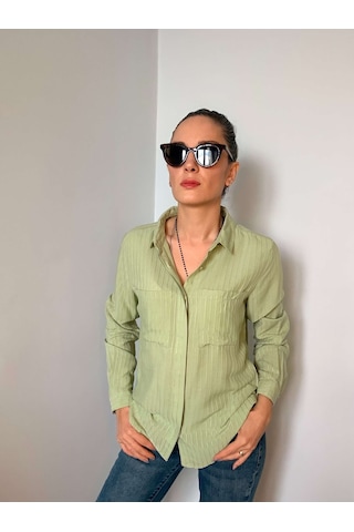 Ali Butik Çağla Fitilli Gizli Düğme Detaylı Viskon Gömlek Çağla