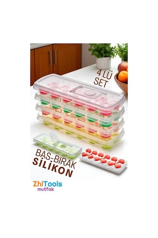 Zhltools Buz Kalıbı - Bas-bırak Kapaklı Silikon Buz Kalıbı 4 Lü Set Siyah