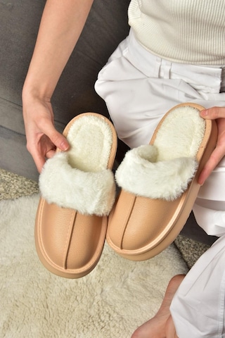 Fox Shoes T918264209 Vizon İçi Peluş Kadın Terlik Vizon